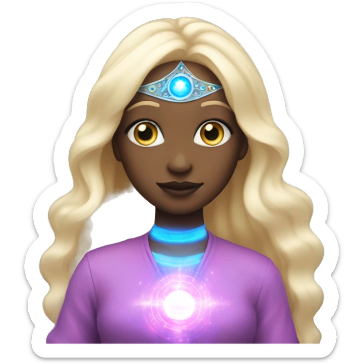 magical diva with thin pink andromedan face long blonde hair and blue eyes glowing third eye sticker