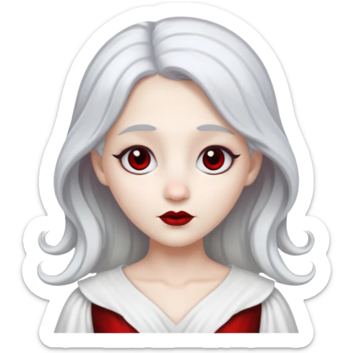 vull un perosnatge estil bimoji que sigui com una nimfa bella i fantasmal amb túniques blanques. Té la pell literalments blanca com el guix, cabell platejat, un nas llarg, ulls negres grans i llavis carmesí. sticker