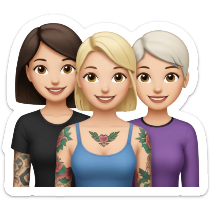 throuple blonde femaleand brunette female with bald tattooed sticker