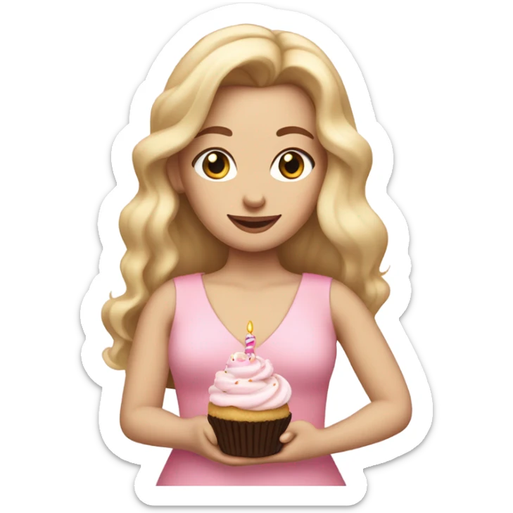 White woman, long hair, blonde hair, wavy hair, baby pink dress, holding birthday cupcake sticker