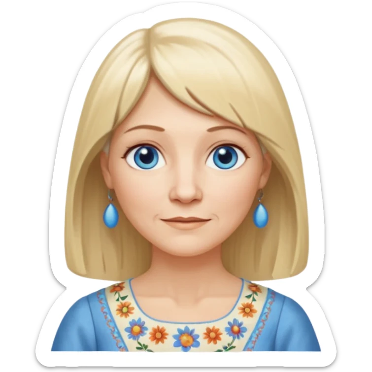 50 yr old white woman, hippie parted hair, short bangs, very long straight blond hair, oval face, small smile, blue eyes, thin face, hair downback, hair parted at center of head, round cheeks, pale, longer hair, white dress sticker