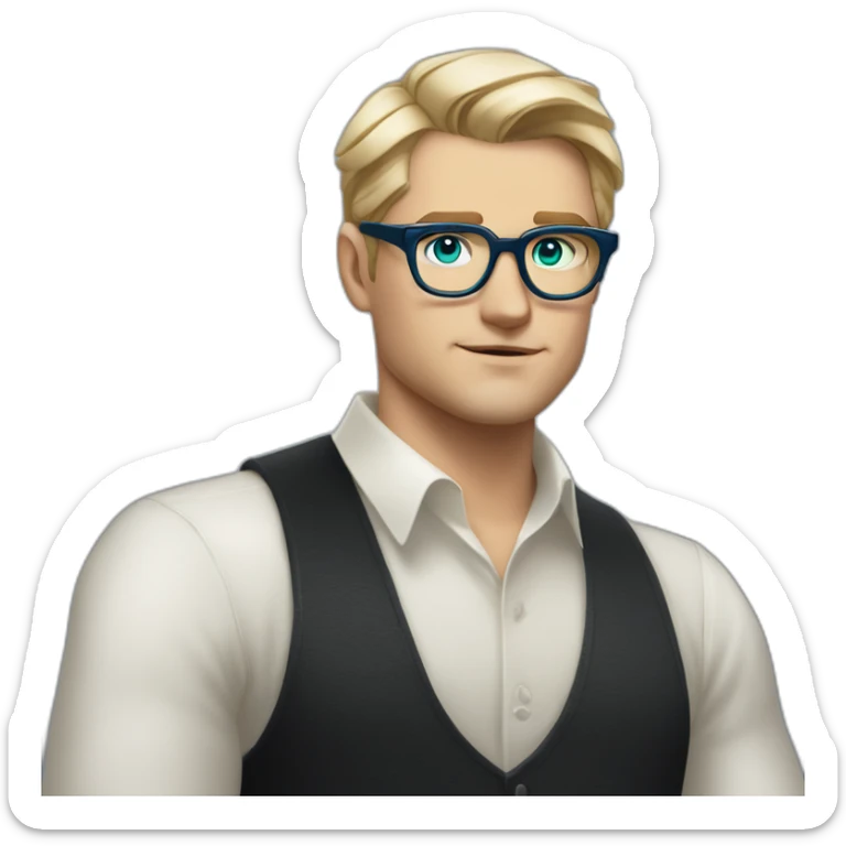 blonde hair white male wearing black shirt with bold blue thick glasses and has green eyes and blonde short hair in comb over Gatsby style similar face shape to Leonardo DiCaprio sticker