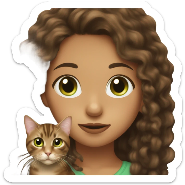Girl with fair skin, hazel eyes, and long, dark brown curly hair kissing a brown tabby cat with green eyes on its head sticker