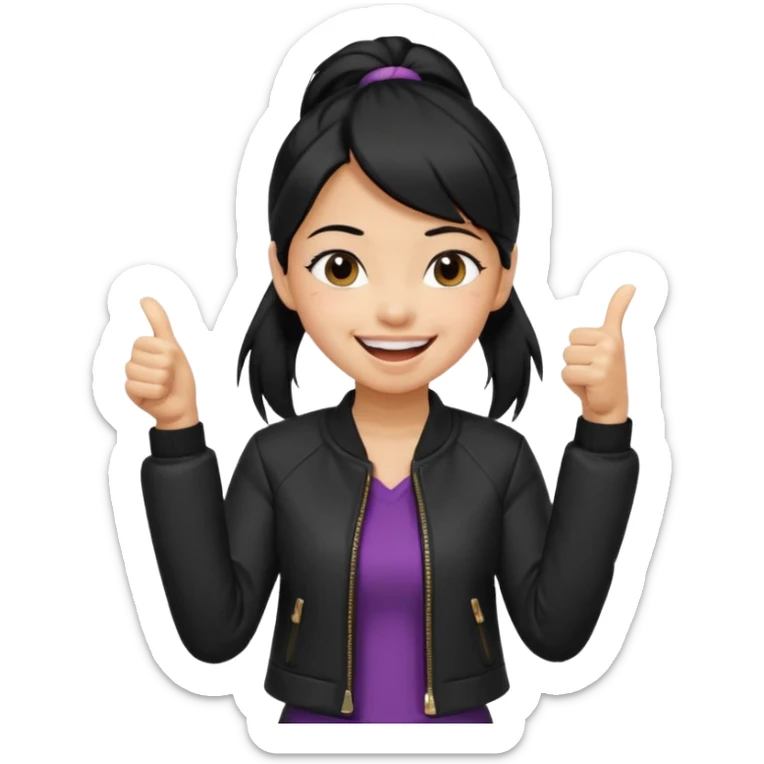 A girl with a pony tail black hair and Asian tan skin, Asian eyes, with a black jacket and a black purse, laughing with arms crossed giving a thumbs up  sticker