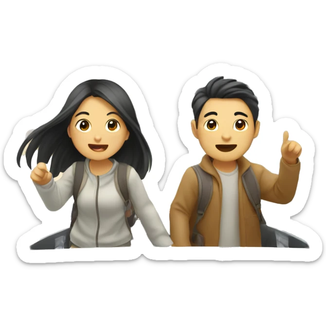 Cute Asian couple (girl with long hair) excitedly traveling  sticker