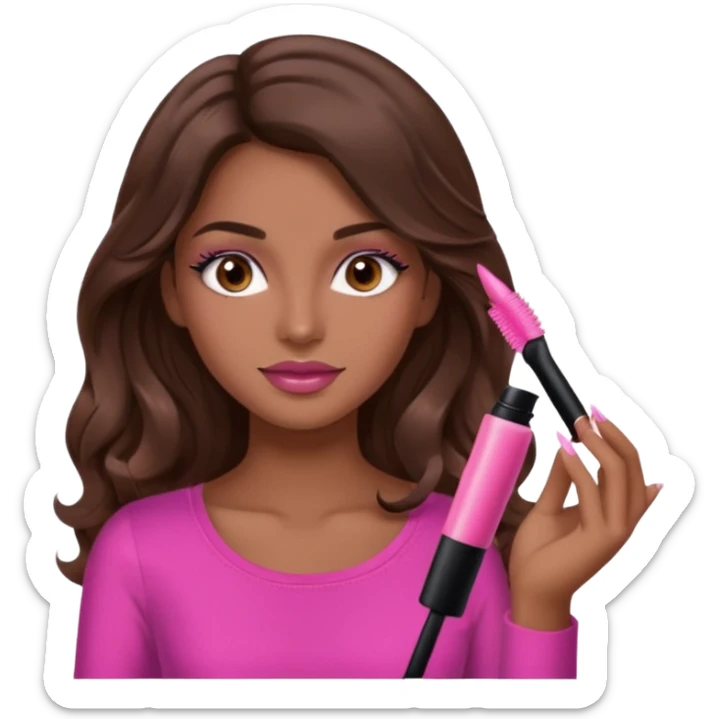 gorgeous woman, light brown skin, dark brown eyes, long wavy brown hair, pink top, clear lipgloss, mascara  sticker