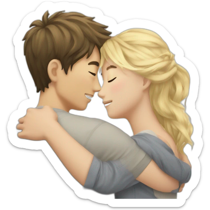 Hug between a korean boy and a messy blonde hair Woman sticker