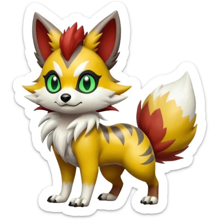 Green-Yellow-Mango-Gradients-colored Lycanroc-Furret-Zorua-Poochyena-fusion, full body, with black and white edgy markings patterns sticker