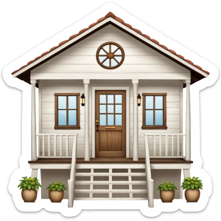 A typical wooden house from rural Puerto Rico with a central functional door, two symmetrical windows, a front porch with open railings, and a rocking chair. The house should look humble but well-maintained, evoking warmth and authenticity. sticker