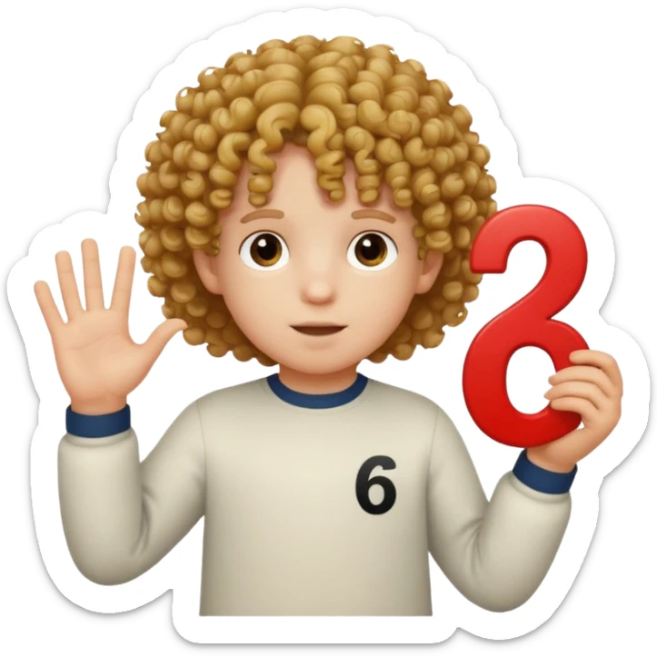 A curly-haired, white child holding the number 6 in his right hand and the number 7 in his left hand. sticker