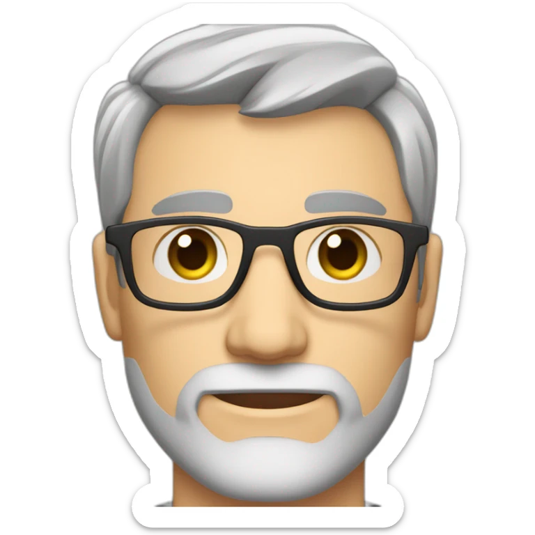 Caucasian man 40. brown eyes. short hair and short gray beard. disheveled without parting. black glasses sticker