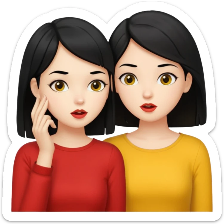 2 girls gossiping. both are fair and have black hair. One has short hair, one has long. One is wearing yellow, one is wearing red sticker