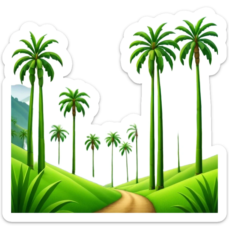 Cinematic Realistic Cocora Valley Landmark Emoji, featuring towering wax palm trees swaying in the misty green valley, with rolling hills and distant mountain peaks bathed in warm morning light. sticker