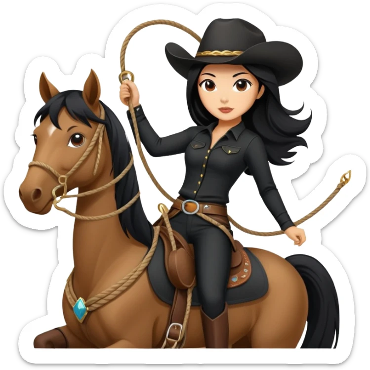 confident Asian woman with long black hair wearing black outfit riding a horse cowgirl style with a lasso sticker