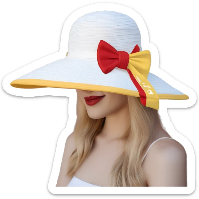 a beautiful Love themed, women's sunhat with bow in white, bright crimson red and yellow gold colors, sticker