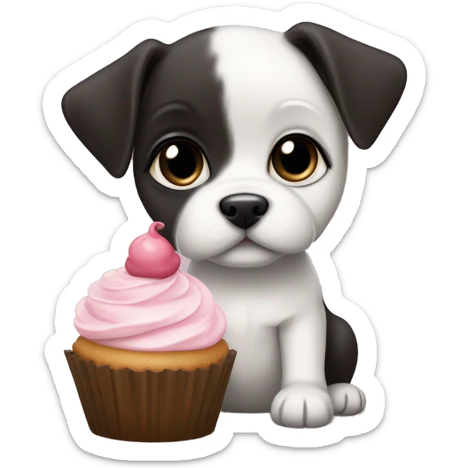 Cute big eyed Black and white teddy Roosevelt terrier puppy (no brown) eating a cupcake sticker