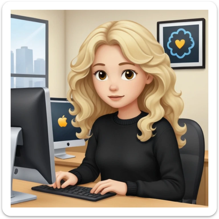 pretty brown-eyed blonde young woman with wavy hair, wearing a black sweater, working on a computer in a cozy office sticker
