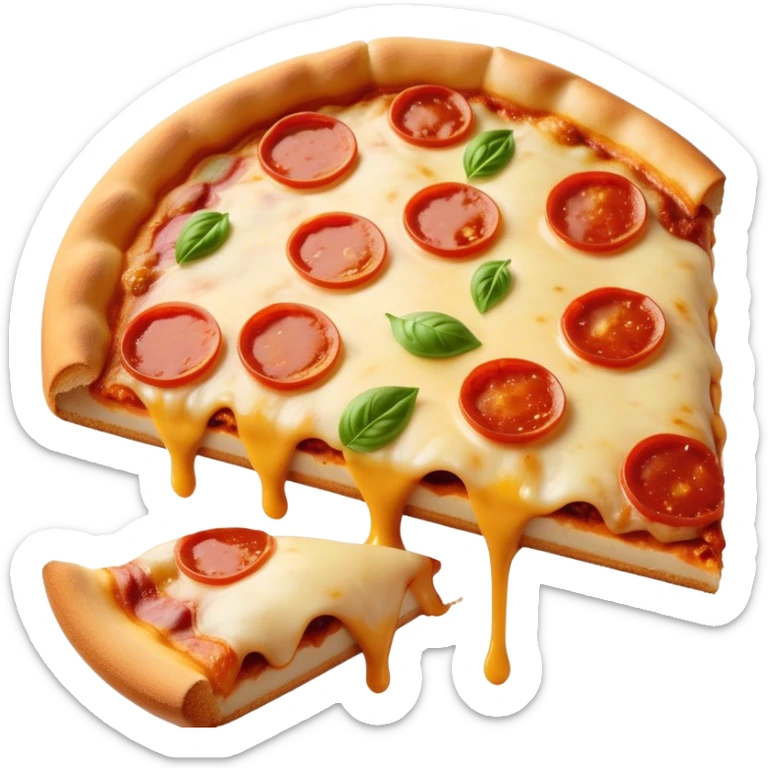 Cinematic cheesy pizza slice, gooey melted cheese stretching as a bite is taken, crispy golden crust, rich tomato sauce, vibrant toppings, warm glowing background, inviting and delicious. sticker