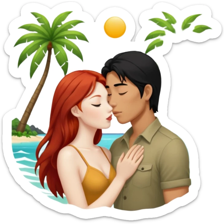 long black haired asian guy kisses redhead girl on island sticker