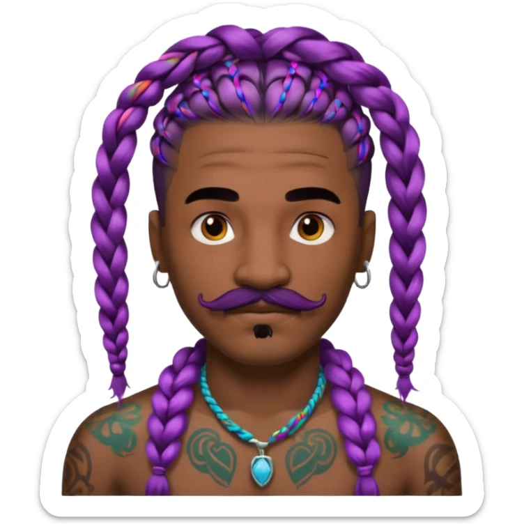 big lose braids starting from the top of the head man with mustache face wiith big visible braids and lots and lots of colored face tattoos colored tattoos like a tattoo artist hair unique color sticker