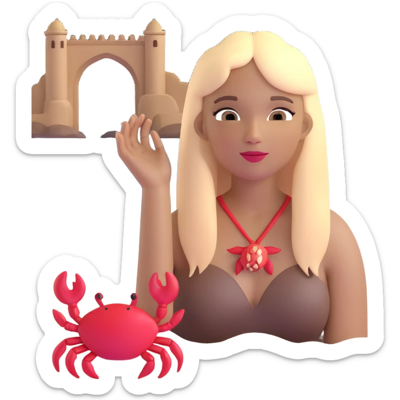 woman with long straight darker blonde hair, light brown skin, with the three iconic arches of Atalaia Beach (Aracaju-SE) in the background, and a small crab as a detail near her sticker