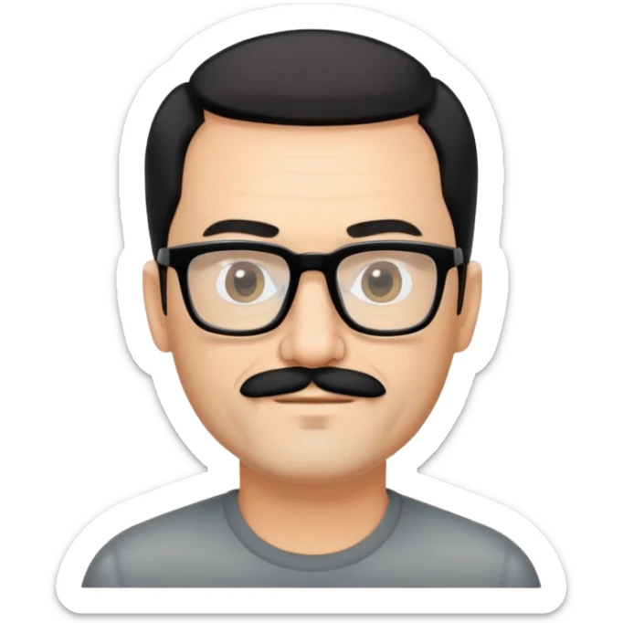 đàn ông 50 tuổi, da trắng, có râu ria đen. đeo kính đen, mắt kính trong suốt, tóc đen ngắn, cười mỉm sticker