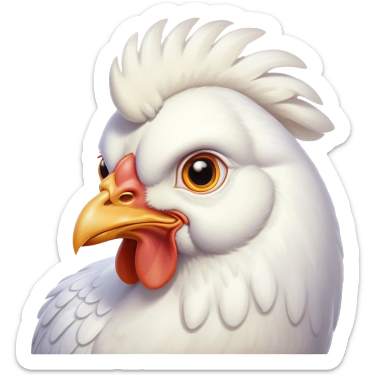 Cinematic Noble White Chicken Portrait Emoji, Poised and regal, with a compact, sturdy build and a pristine, well-groomed pure white plumage, deep-set soulful beady eyes, Simplified yet sharp and sophisticated features, highly detailed, glowing with a soft, dignified glow, high shine, intelligent and alert, stylized with an air of barnyard elegance, focused and attentive, soft glowing outline, capturing the essence of a watchful and confident fowl, so majestic it feels as though it could strut out of the screen with effortless authority! sticker