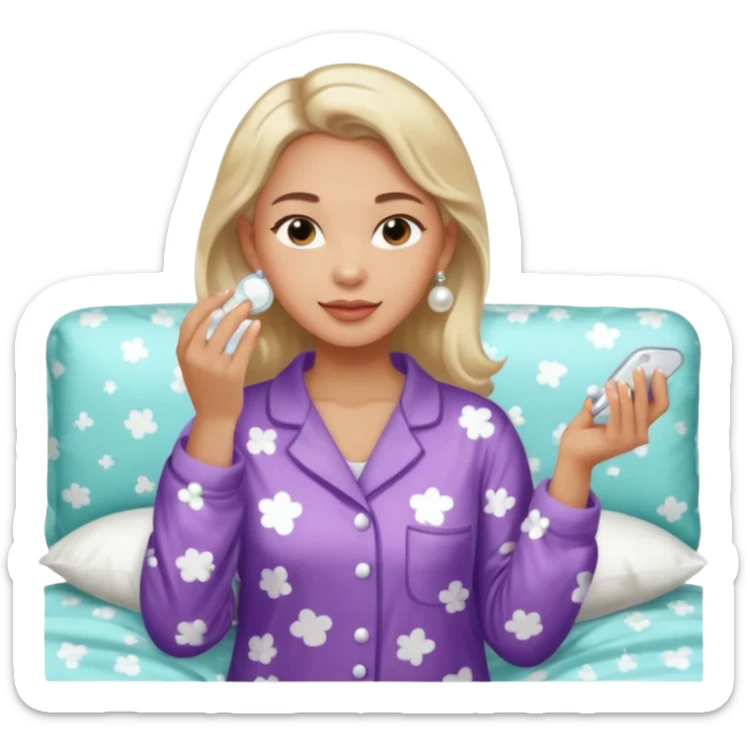 Clean girl aesthetic emoticons, apply skincare products, pearl earrings, glowing skin, pajamas, soft lighting sticker