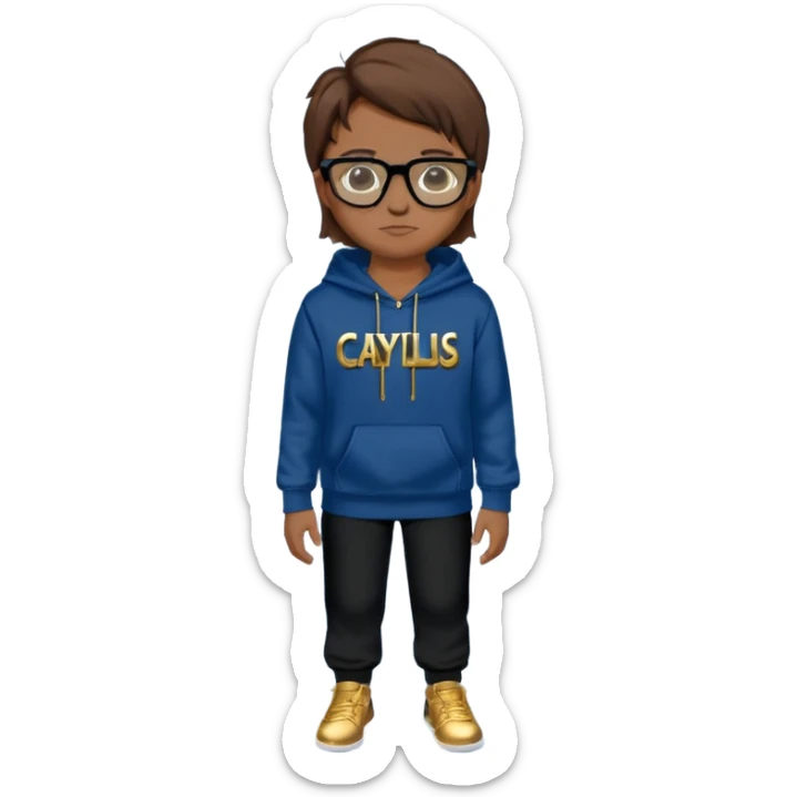 Brown hair with black glasses and lends have black and a dark blue hoodie that says caylus kingdom with black pants and a gold chain  sticker