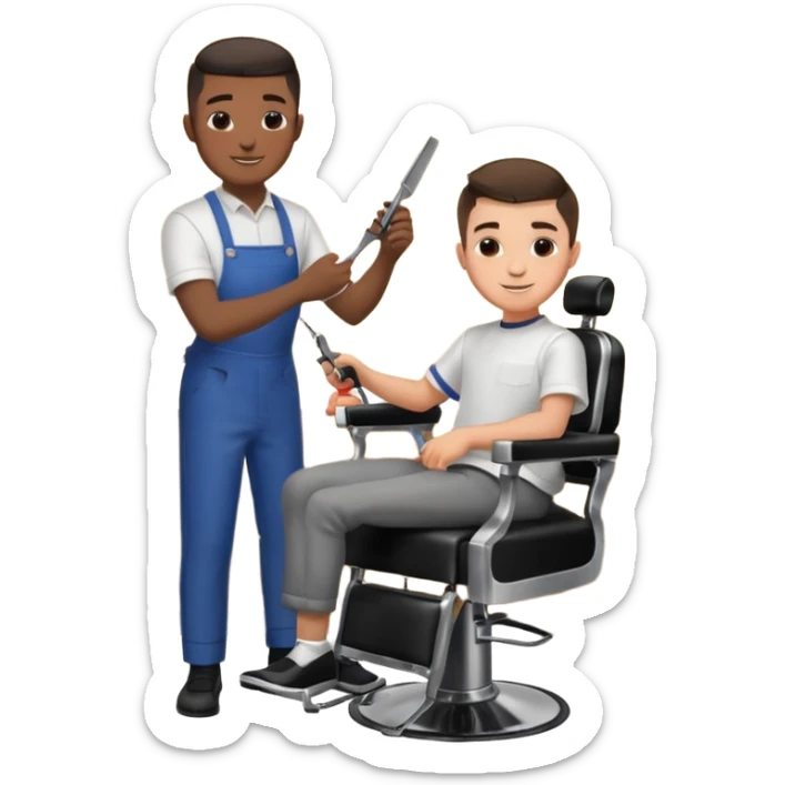 Barber cutting boys hair. Show the boy sat in black barber chair and both having smiles on their faces sticker