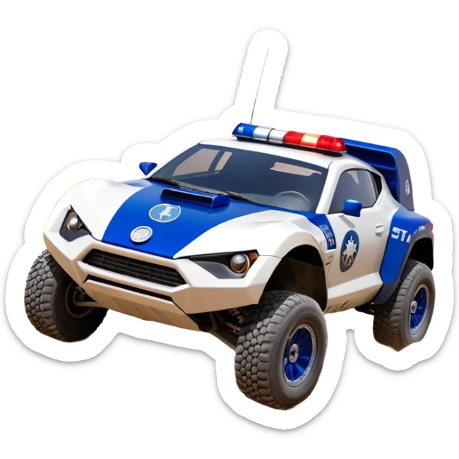 Star Wars’s storm trooper’s police evil darkly night blue Dirty and dented Local Motors Rally Fighter off road race car hot rod meets 2013 scion fr-s trophy truck-style basher flying down a dusty road (silver wheels) sticker