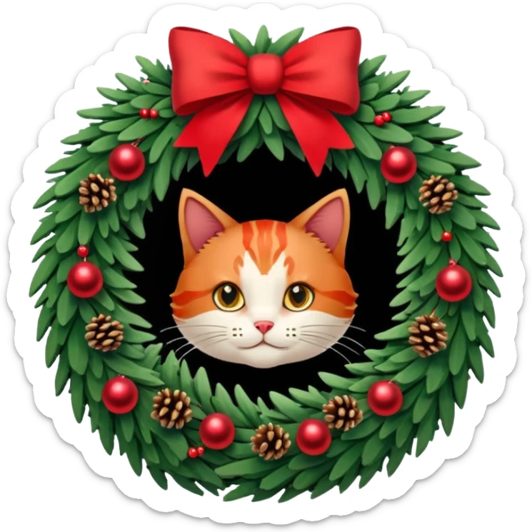 A Christmas wreath made entirely of fir trees, decorated with a red bow at the bottom, pine cones and Christmas tree balls, and a cat poking its face through the hole in the center. sticker