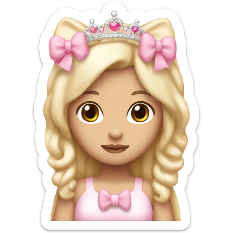 Kawaii browm skin girl with blonde hair wearing light pink with bows pink princess crown and hello kitty sticker