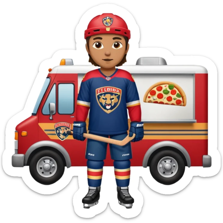 The galaxy with a with a Florida Panthers player
With a taco truck and a pizza truck with a house
With a museum behind it that has football players sticker