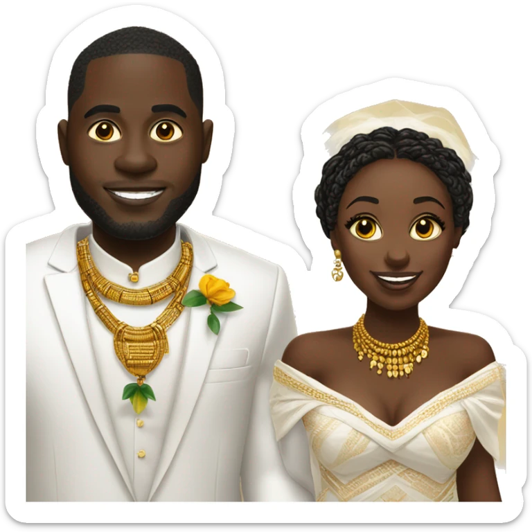 Ghanaian bride and groom. Gold jewelry with white off shoulder dress. Kente Cloth sticker