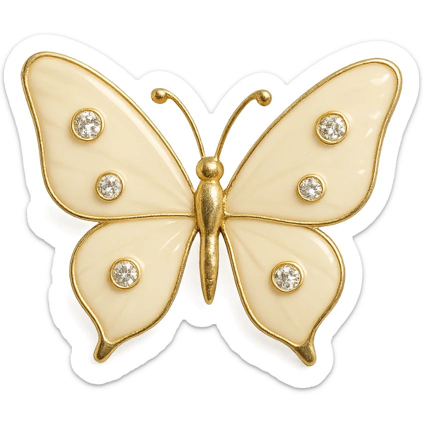 single ivory white butterfly, creamy white enamel, sparkling gems, transparent background sticker