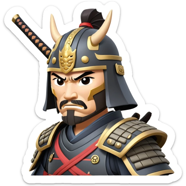 clash-of-clans-aesthetic_-cinematic-fearsome-and-majestic-samurai-bust-portrait-emoji, rendered in a flat, vector-style with minimal shading and bold, simplified shapes typical of emoji art, depicting a battle-hardened samurai with steely eyes and traditional black Japanese armor, riding a noble grey warhorse adorned with an intricately designed saddle and fluttering banners, against a backdrop of cherry blossoms and a rising sun. sticker