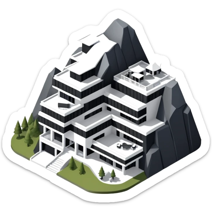 Isometric exterior black and white mountain resort hotel, modern dollhouse style 3D realistic  sticker