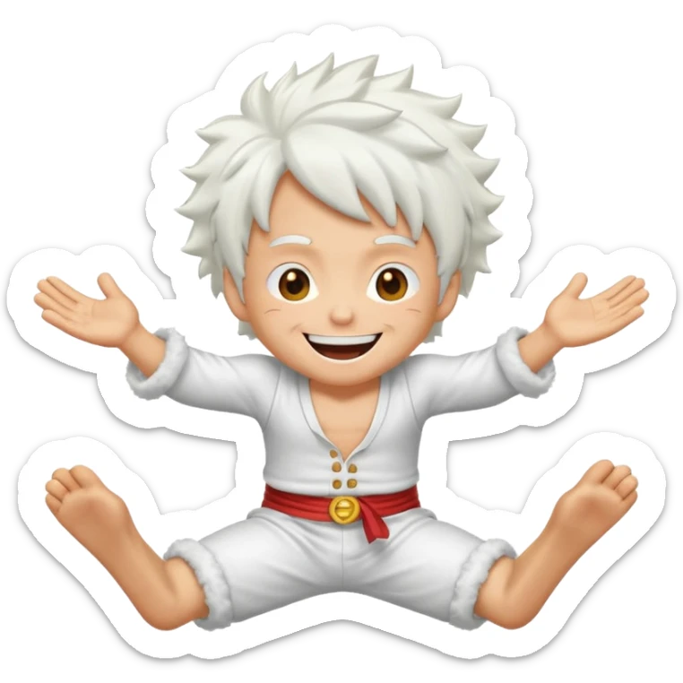 Create a joyful cartoon-style emoji of Luffy as a laughing character with wild, fluffy white hair and a glowing white outfit. The character should have a big open smile, one hand on its face in laughter, and be in a dynamic mid-air pose with bent legs, as if carefree and floating. sticker
