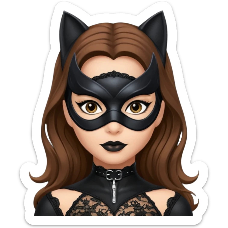 Catwoman capelli castani lunghi con mascherina di pizzo nero sticker