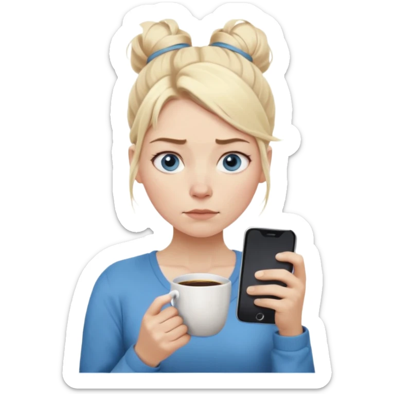Cartoon emoji of a Scandinavian-looking woman with light blonde hair, pale skin, blue eyes. Portrait mode. Messy bun, tired eyes, tense face. Holding phone and coffee, rushed posture. Clearly busy, overwhelmed, slightly miserable. Smooth, simple, stylized sticker