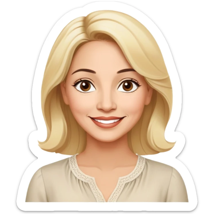 Warm-hearted Linette Torres, Puerto Rican actress in her 50s with light skin, extremely loving expression, bright gentle eyes, sweet welcoming smile, elegant blonde hair, wearing a simple relaxed blouse sticker