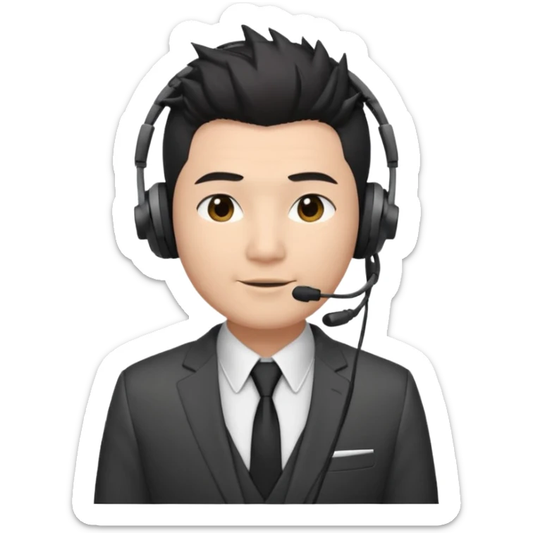 asian man headset suit face only spikey hair in front dark hair gay shirt chubbier face sticker
