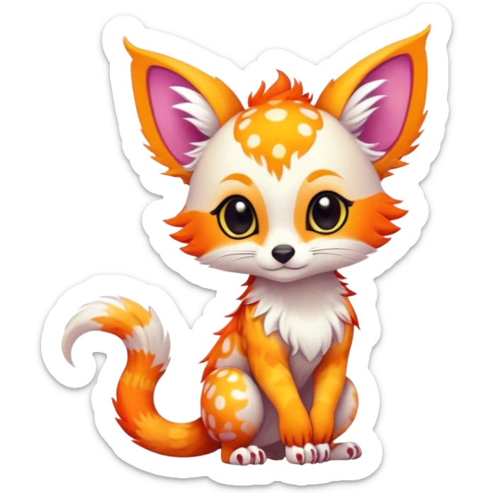 Feral Rare Fantasy vibrant colorful tropical cute, kawaii, cool, ed Vernid-Trico-species by LiLaiRa, random markings, tufted tail, tufted ears, full body, cheek markings sticker
