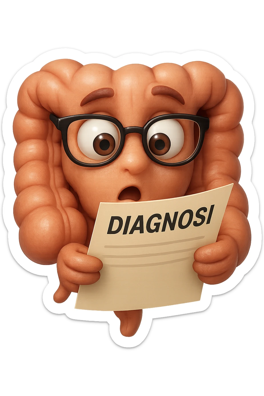 EMOJI STILE IPHONE DI UN INTESTINO CON GLI OCCHIALI CHE LEGGE UN FOGLIO CON LA SCRITTA DIAGNOSI, ESPRESSIONE STUPITA IN VOLTO, IPERREALISTICO 4K sticker