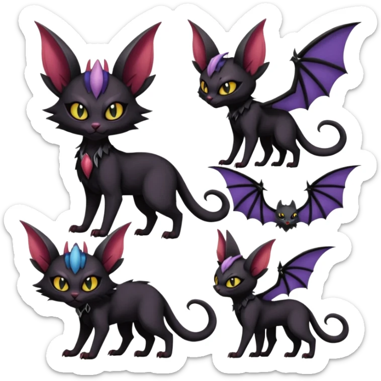 Black edgy Noivern-Noibat-Purloin-Torracat-Lykoi-Caracal-cat-Fakemon-fusion-hybrid-creature with bat wings on head as ears, big fangs, gothic markings sticker