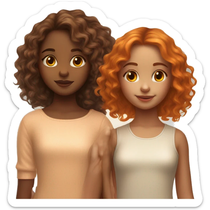 serene two girls. one has wavy brunette hair and the other has natural soft orange hair delicate fringe. standing together holding hands in gentle light. calm and content. hyper-realistic soft textures fine details glow on skin sticker