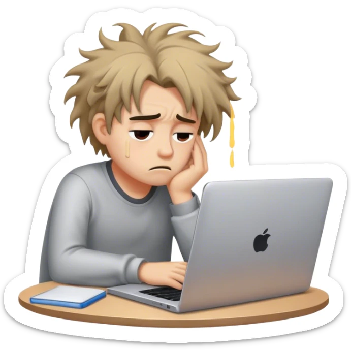 Create an emoji of a tired person sitting at a laptop, looking exhausted and frustrated. They have slouched posture and messy hair, representing overwork and burnout. sticker