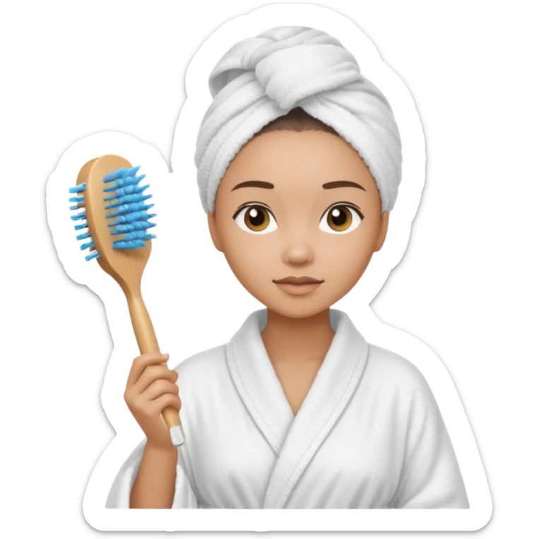 lightskin Women wearing shower robe and their hair with towel holding a brush sticker