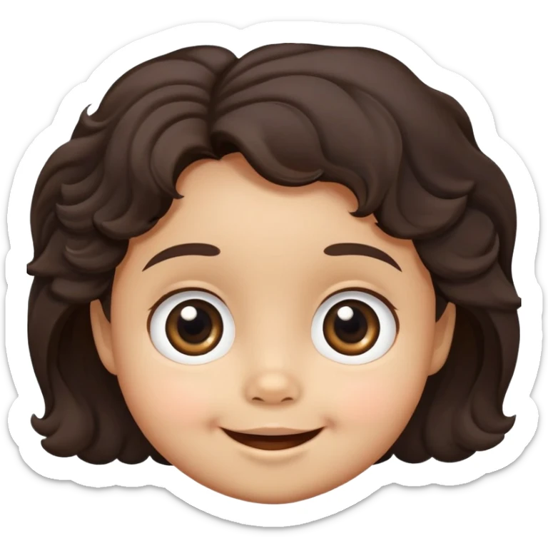 close-up of round smiling toddler face only with big eyes, medium skin tone, dark wavy hair, no neck visible, just the face sticker